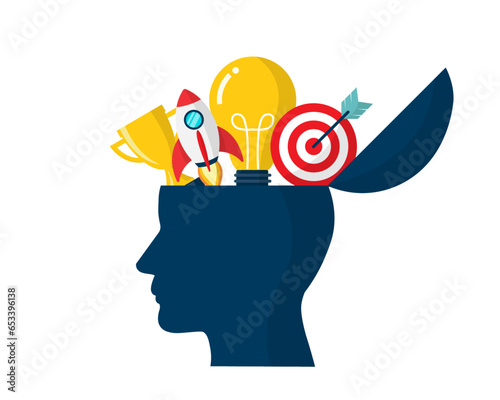 head mind open idea thinking and light bulb. business creative goal target. achievement motivation. skill creative inspiration. vector illustration flat design.