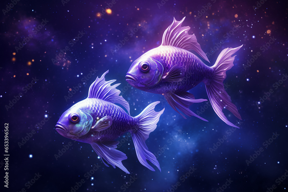 Pisces Horoscope zodiac astrological sign on a purple nebula background Pisces Horoscope zodiac astrological sign on a purple nebula background