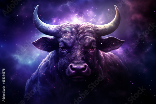 Taurus Horoscope zodiac astrological sign on a purple nebula background © World of AI