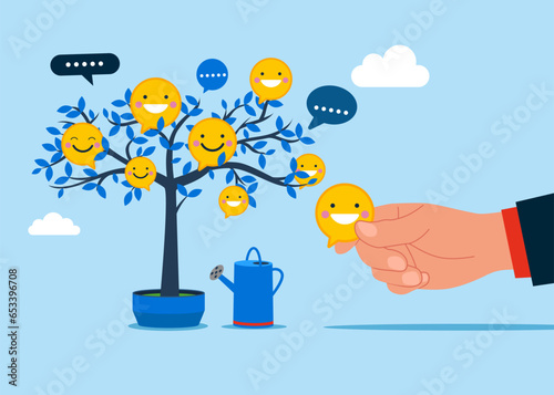 Good reputation. Hand businessman picking positive feedback from tree. Vector illustration