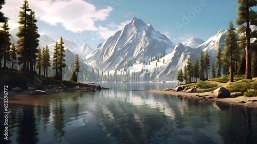 Embrace the realistic serenity of a tranquil mountain lake, where pristine waters mirror the peaks, Generative AI 