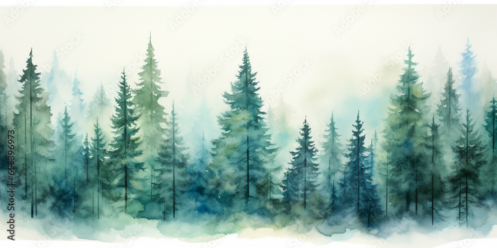 Watercolour Seamless Surface Pattern Tile: Modern Delicate Misty Foggy Eco Line of Pine Spruce Fir Forest Pattern on White Isolated Background: Textiles, Wallpaper & Home Decor. Generative AI.