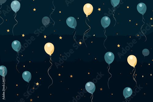New Year Eve balloons and streamers pattern, wallpaper, background, hand-drawn cartoon Illustrations in minimalist vector style