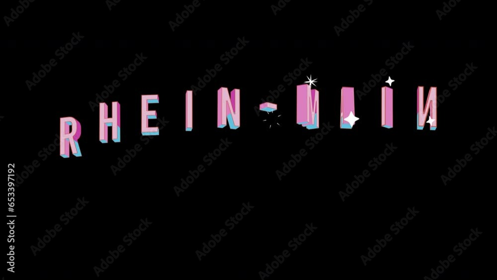 Bright letters jump merrily in the inscription RHEIN-MAIN Big city. Retro. Alpha channel black. Looped from frame 120 to 240, Alpha BW at the end