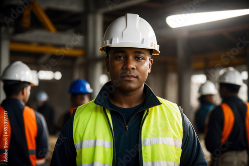 Portrait of the young and confident brutal builder on a construction background with workers