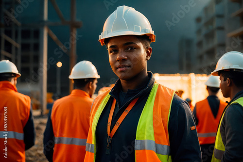 Portrait of the young and confident brutal builder on a construction background with workers