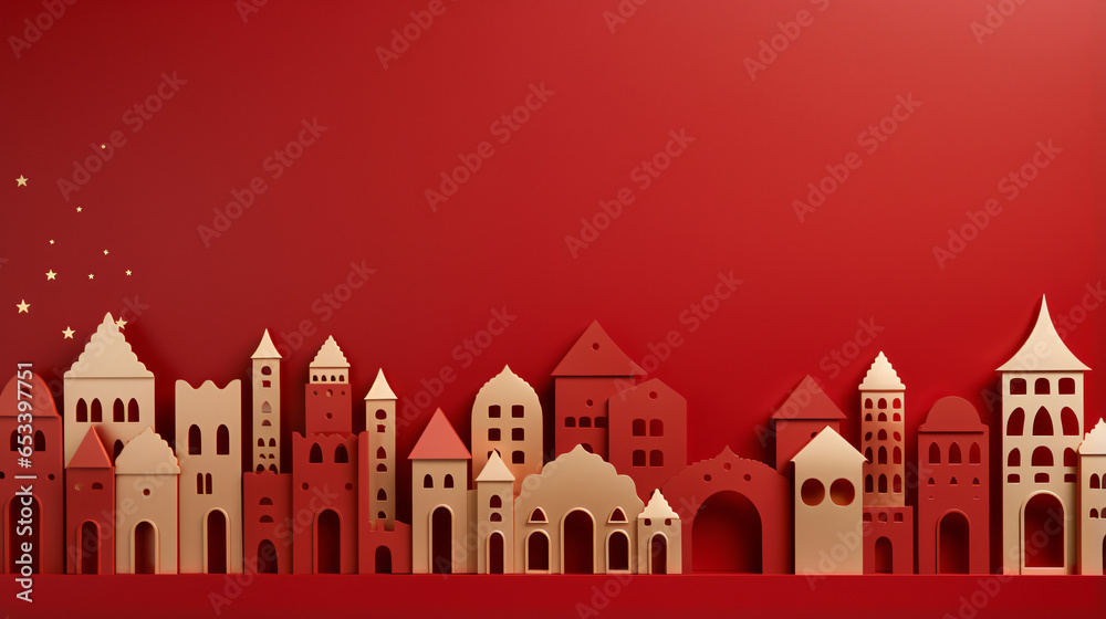 Simplistic town buildings on red Christmas holiday banner background