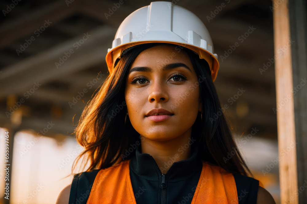 Portrait of the young and confident brutal builder on a construction background with workers Portrait of the young and confident brutal builder on a construction background with workers