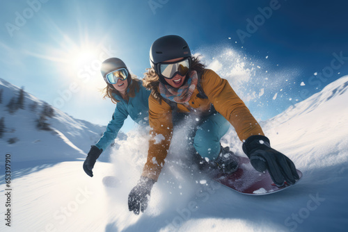 Young couple snowboarding in ski resort