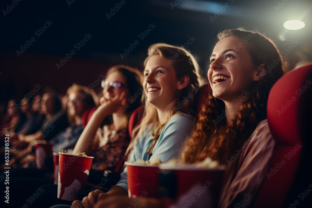 group of female friends at cinema watching movie - obrazy, fototapety, plakaty 