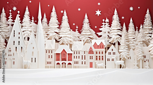 Town covered in snow on red background, Christmas holiday banner background © HY