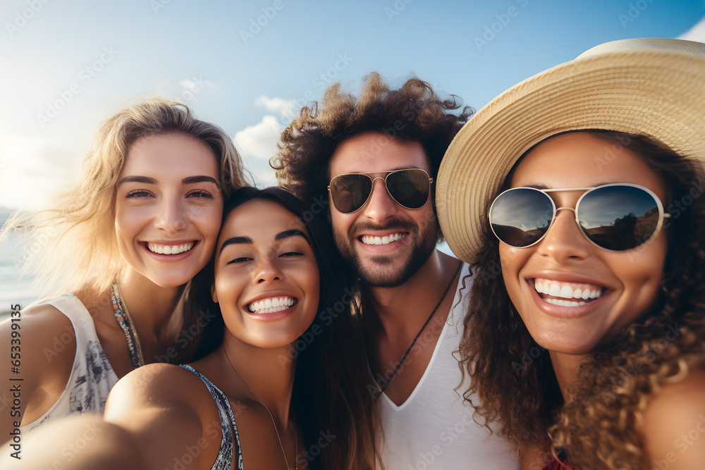group of friends taking close-up selfie on holiday group of friends taking close-up selfie on holiday