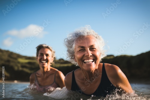 Portrait of happy senior female friends swimming together while on vacation