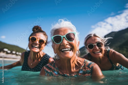Portrait of happy senior female friends swimming together while on vacation © Geber86