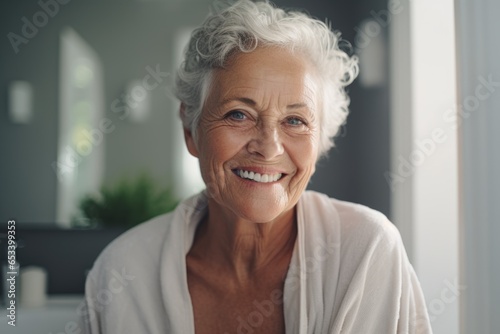 Portrait of a smiling senior Caucasian woman in her bathroom at home