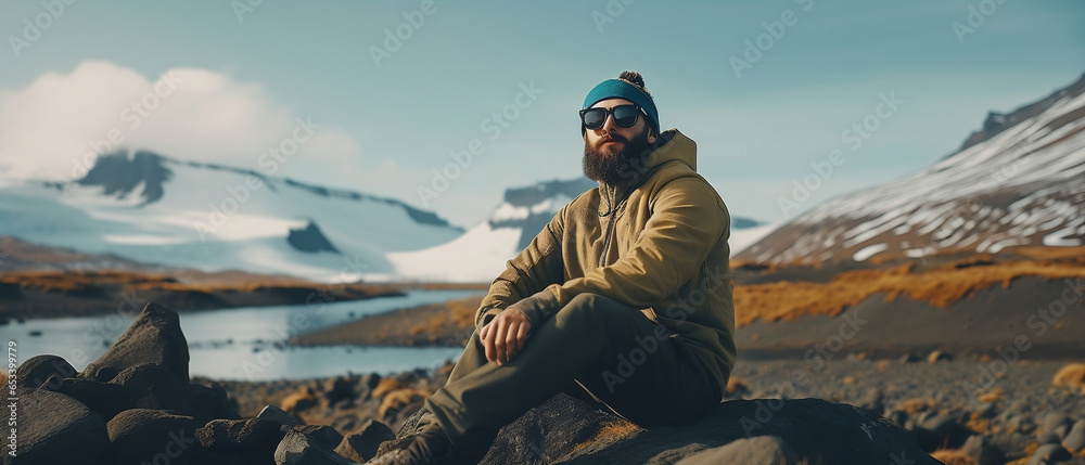male travel influencer in a snowy mountain landscape - obrazy, fototapety, plakaty 