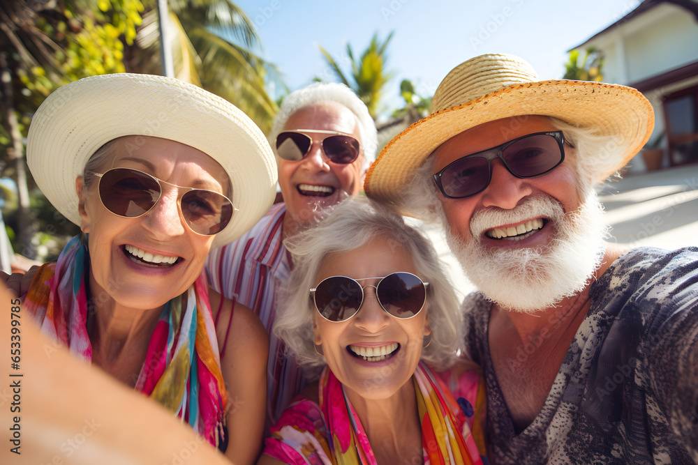 group of senior retired friends taking close-up selfie on holiday