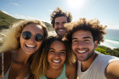 group of young friends taking close-up selfie on holiday