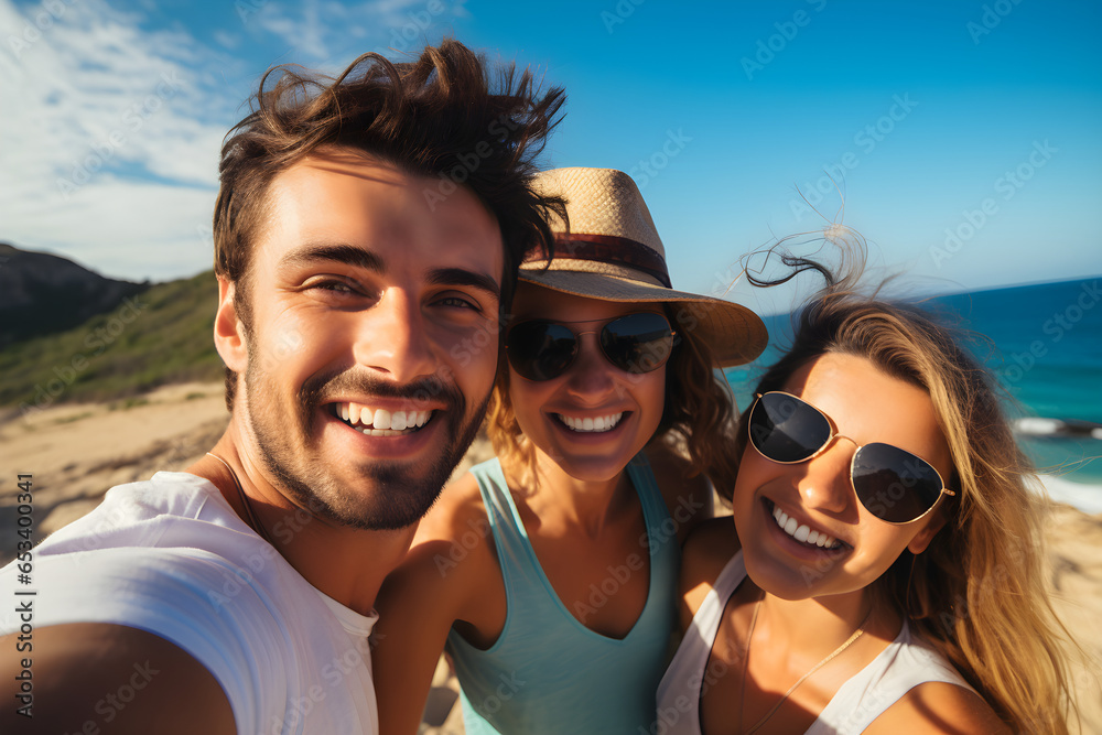 group of young friends taking close-up selfie on holiday group of young friends taking close-up selfie on holiday