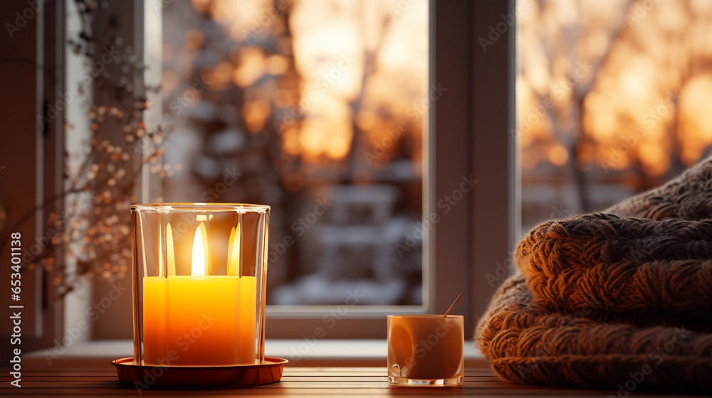 still life with a candle on a winter day. Cozy home atmosphere. Winter background.