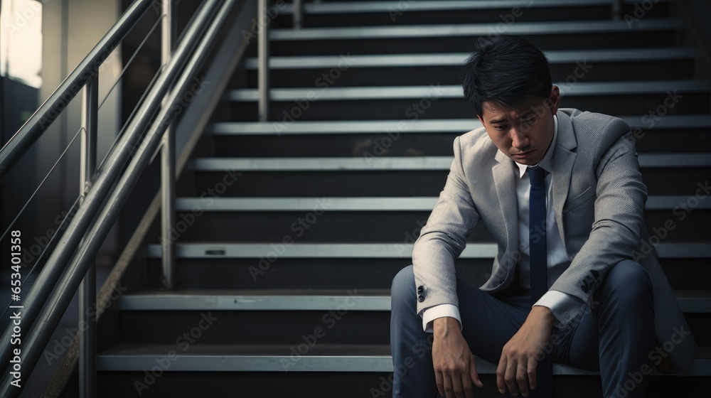 emotional turmoil of an upset businessman, seated on city stairs, holding his head, amidst a business setback.