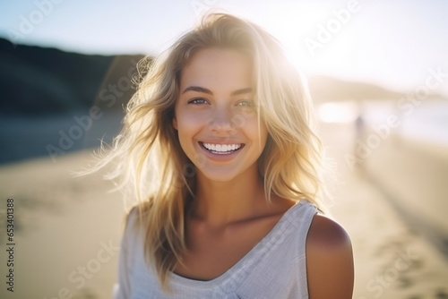 Smiling young blond woman on the beach