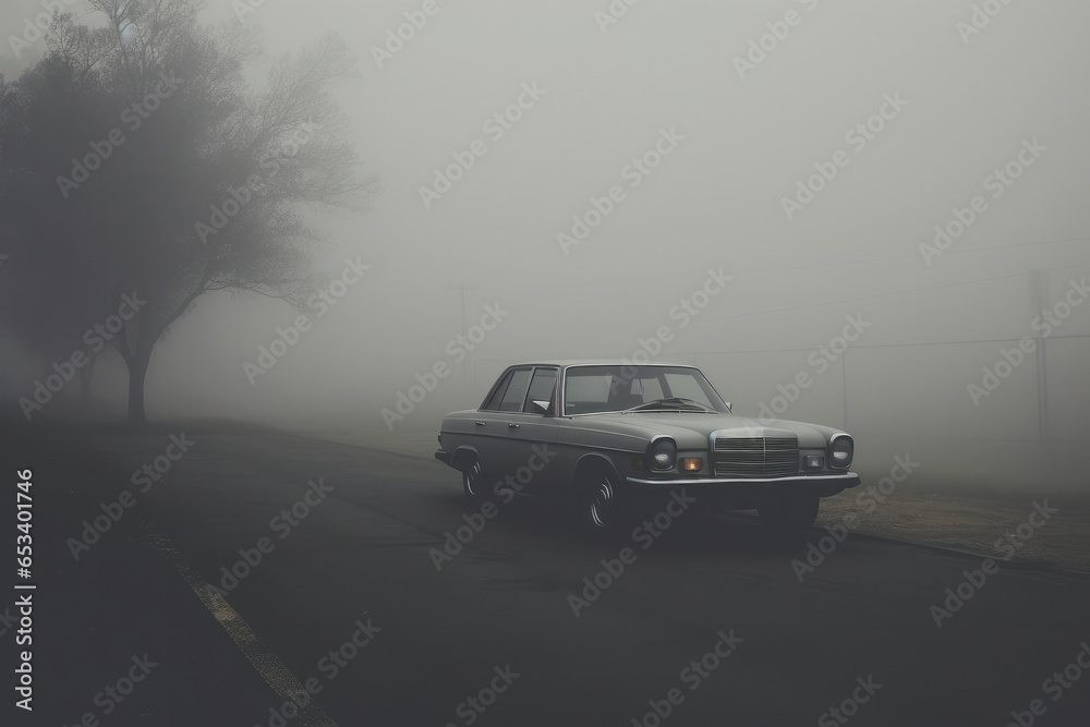 Car outside city. Landscape with auto in fog