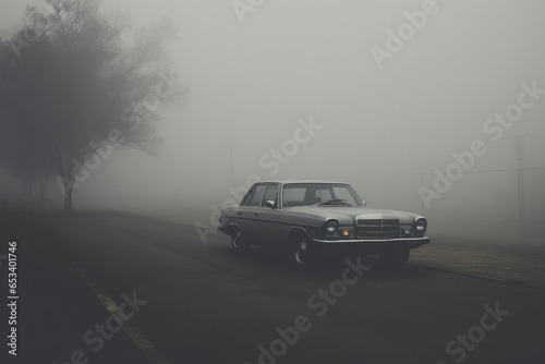 Car outside city. Landscape with auto in fog