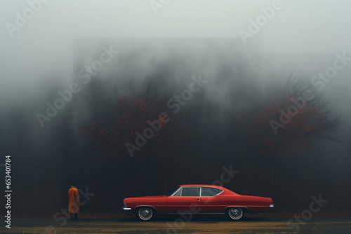 Red vintage car in fog in nature