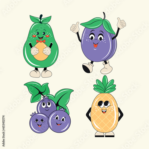 A set of funny, colorful cartoon characters. Fruits and berries on a light background in a clockwork style. Design elements.