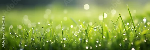 Panel kuchenny z motywem Juicy lush green grass on meadow with drops of water dew in morning