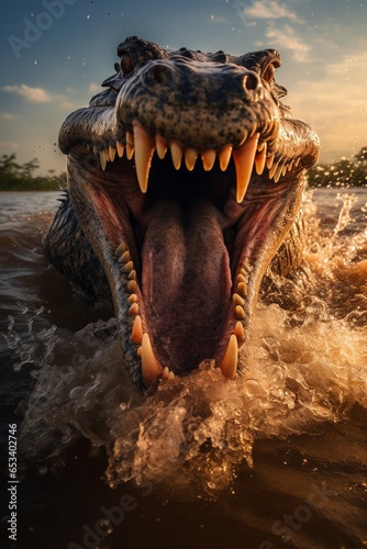 Scary crocodile is attacking from dirty water, large open mouth with sharp teeth and splash water. © BackgroundHolic
