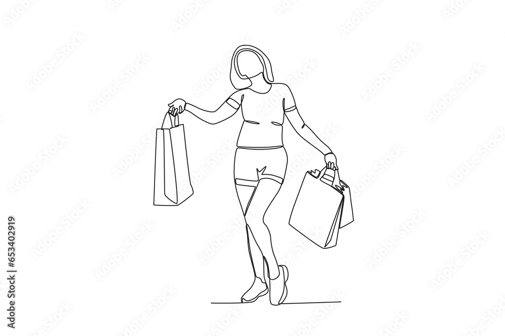 A woman was carrying a lot of shopping bags. Black Friday one-line drawing
