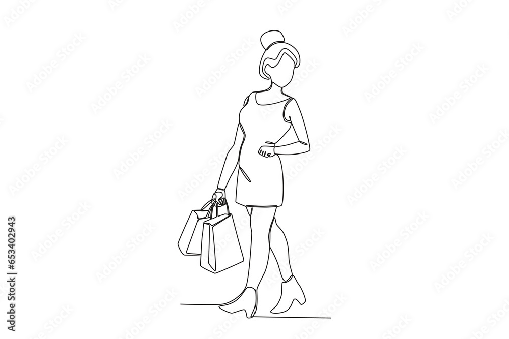 A promo shopping lady. Black Friday one-line drawing