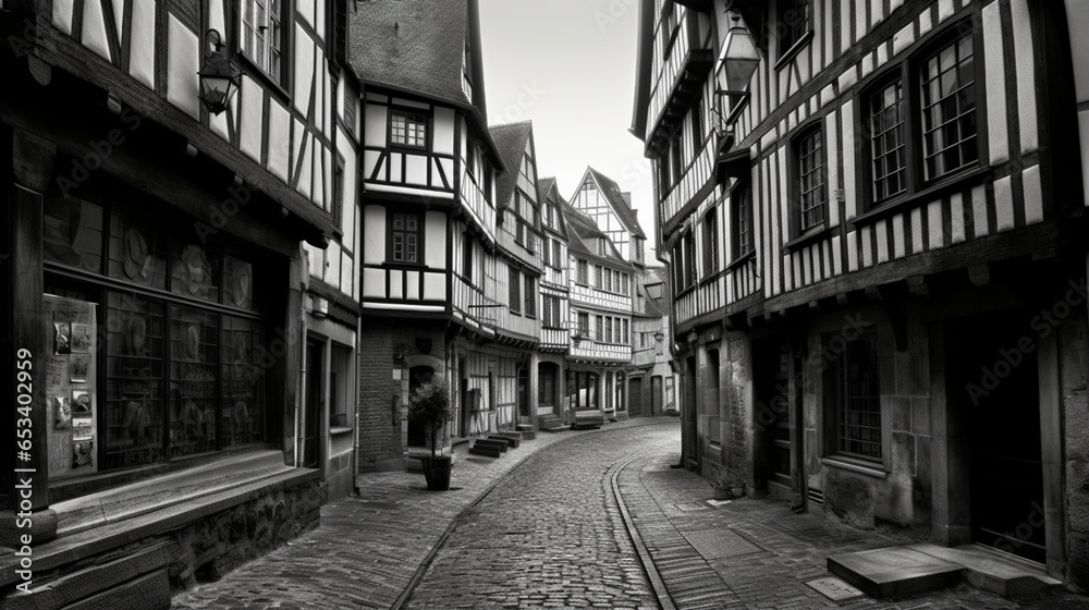 A beautiful hand drawing quick b&w sketch of a small street in the city of Rouen, France, with half-timbered houses 