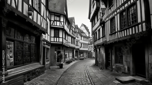 A beautiful hand drawing quick b w sketch of a small street in the city of Rouen  France  with half-timbered houses 