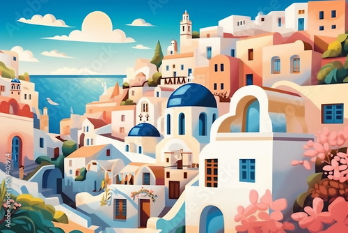 Illustration of a Santorini city landscape with buildings. Illustration for your design
