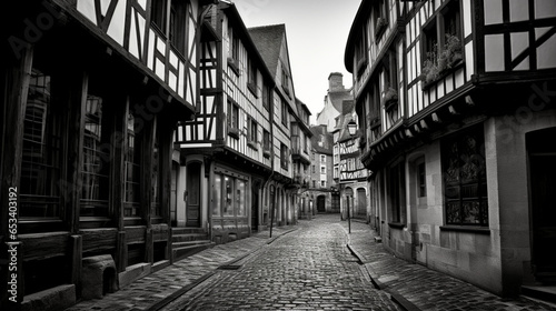 A beautiful hand drawing quick b w sketch of a small street in the city of Rouen  France  with half-timbered houses 
