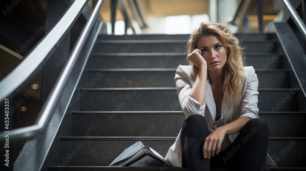 Fototapeta premium emotional turmoil of an upset young businesswoman sitting on the stairs, reflecting the concept of job loss and disappointment.