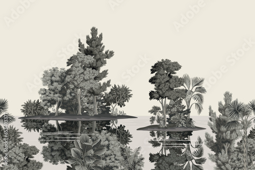 Landscape mural with trees, plants, palms and water.