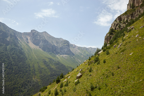 mountains in fog, rocks, green grass, mountain landscape