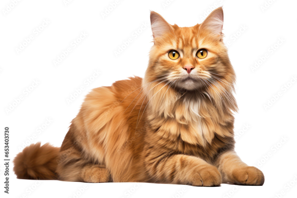 Ginger cat laying isolated on transparent or white background