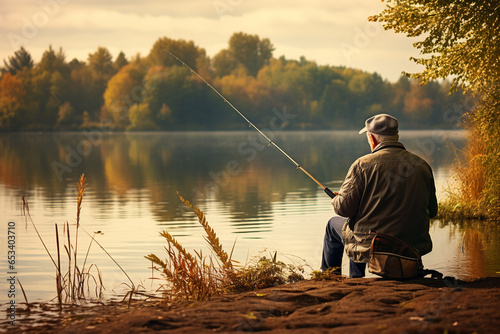 An older gentleman enjoying a peaceful afternoon of fishing by the lake