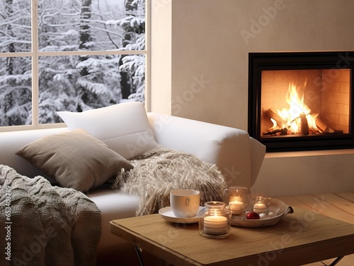 Cozy winter home interior with knitted blankets and pillows, holiday country house in wood, warm fire and afternoon daylight