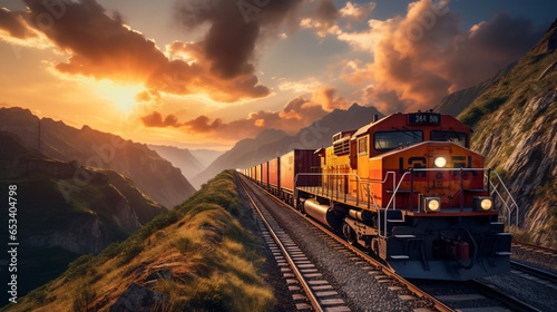 A robust freight train winds its way through a challenging terrain, laden with shipping containers..