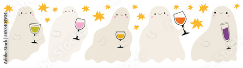 Vector illustration set with ghosts holding colorful wine and alcohol drink glasses. stars, character, graphic, celebration, wine, bar, drink, party, wineglass, set, collection, night, alcohol, vector