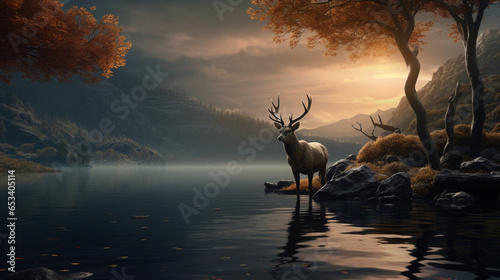 A mesmerizing scene unfolds as a deer, immersed in a tranquil lake, fixes its gaze upon a bird perched delicately on a distant tree branch across the water © MuhammadUsama