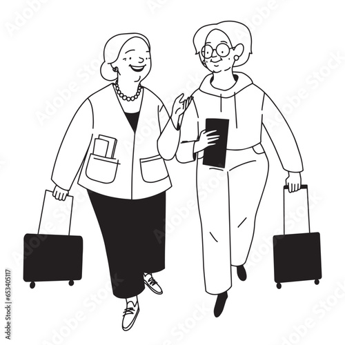 Elderly woman friends travelling together  flat minimalistic vector illustration. Vector illustration