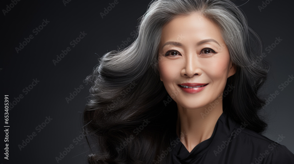Portrait of senior mature middle aged lady with long gray natural coloring vibrant silky hair. Portrait of senior mature middle aged lady with long gray natural coloring vibrant silky hair.
