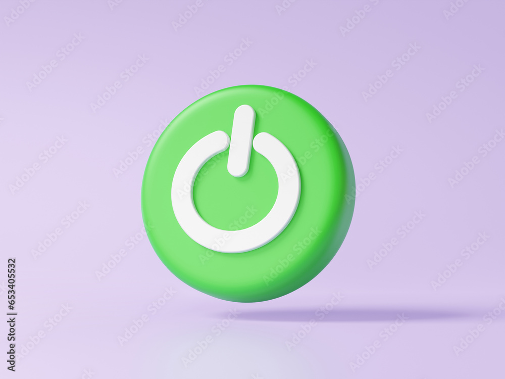 Green push start power switch buttons on and off, Shutdown computer design ux, ui interface electronic controller on isolated purple background. minimal cartoon style elements. 3d rendering Green push start power switch buttons on and off, Shutdown computer design ux, ui interface electronic controller on isolated purple background. minimal cartoon style elements. 3d rendering